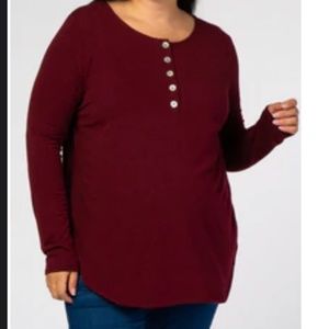 Burgundy Long Sleeve Front Button Maternity Plus Top